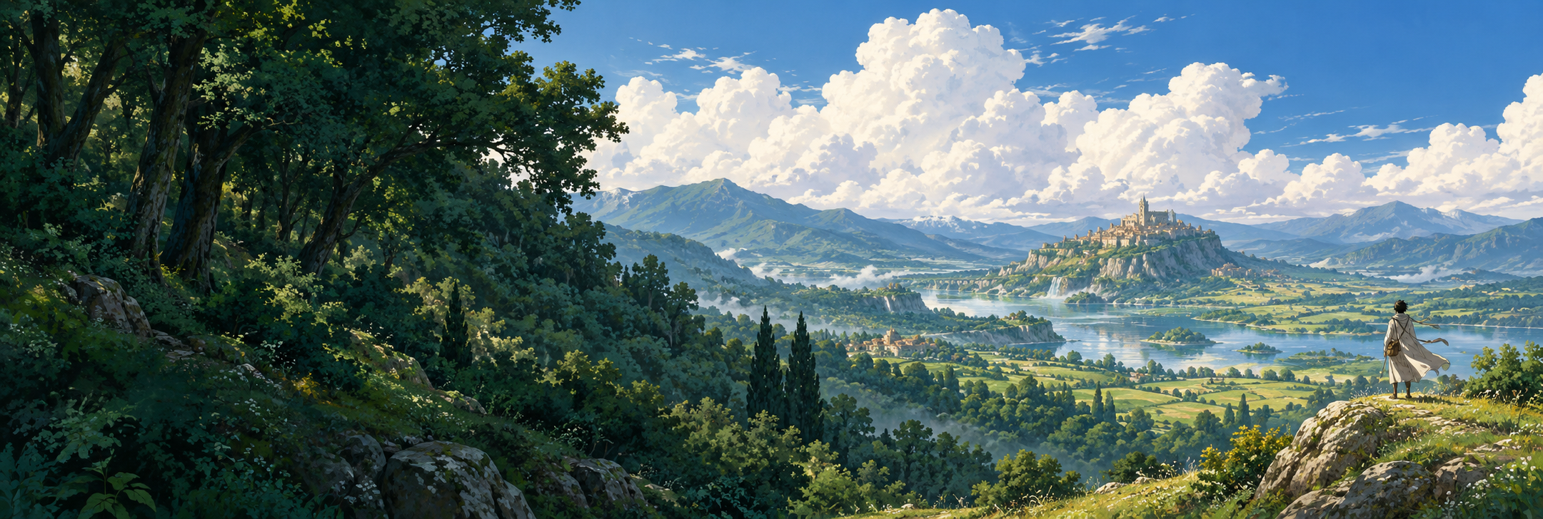 A traveler overlooking a sunlit anime fantasy valley